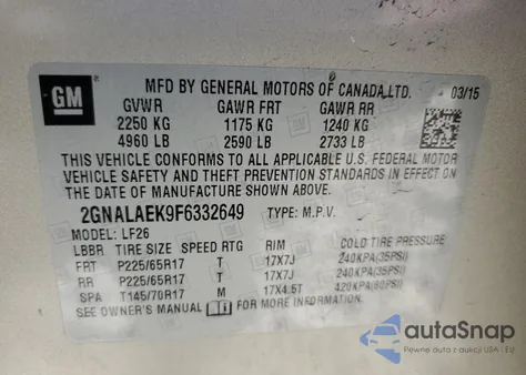 2015 Chevrolet Equinox Ls из США, поврежденный, VIN 2GNALAEK9F6332649